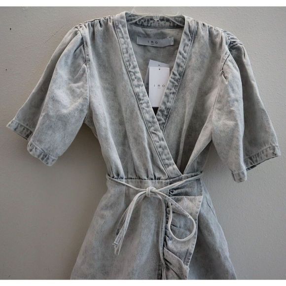 IRO AQ614 Women's Sz 44 US 12 Bleached Gray Mazargue Ruffled Wrap Dress $495 - Picture 7 of 11